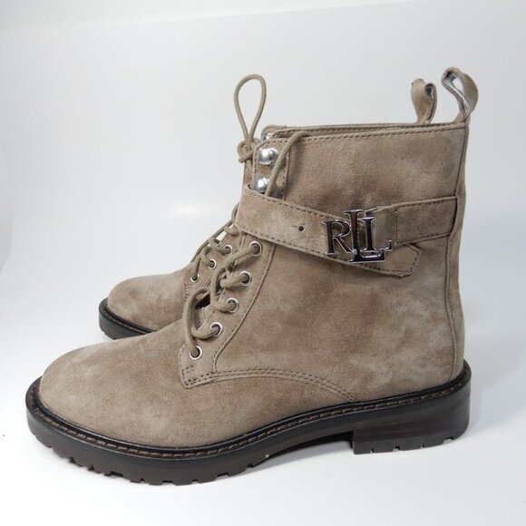 Lauren Ralph Lauren Elridge Lace Up Ankle Boots Size 5 Gray Suede Lug Sole NEW - Picture 5 of 10
